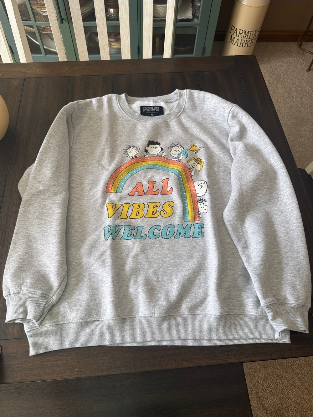 Peanuts Rainbow 'All Vibes Welcome' Crewneck Sweatshirt - Light Gray